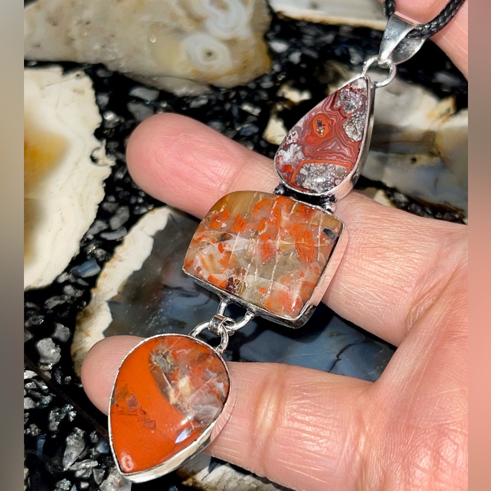 Convoluted Red Jasper & Crazy Lace Agate Crystal Pendant 3 1/2”
